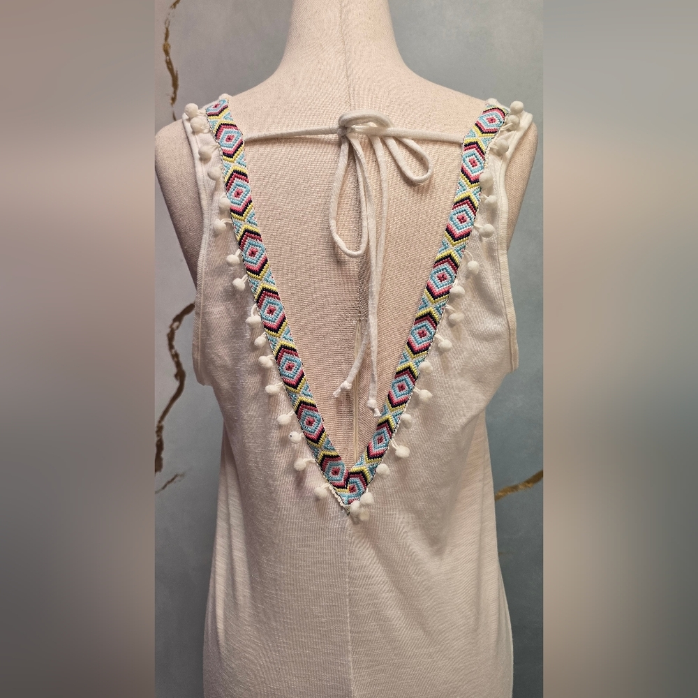 White Tank Tunic Dress Cover Up with Colorful Woven V Tie Back Detail M